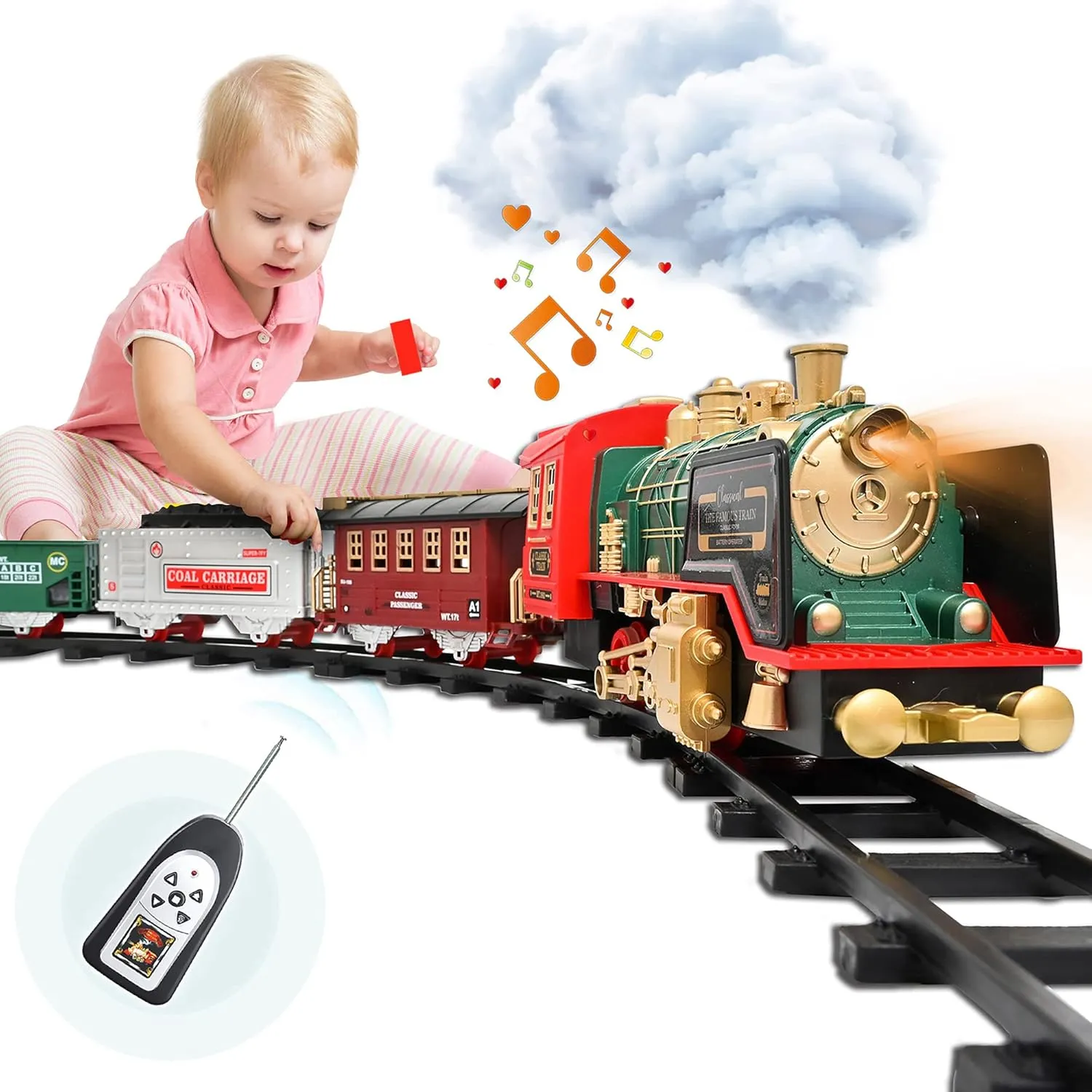 Train Set - Rechargeable Battery and Remote - Around The Christmas Tree with Water Steam, Music & Lights - Electric Train Toy Gift Toys for Age 3 4 5 6 7 8  Kids Toddlers
