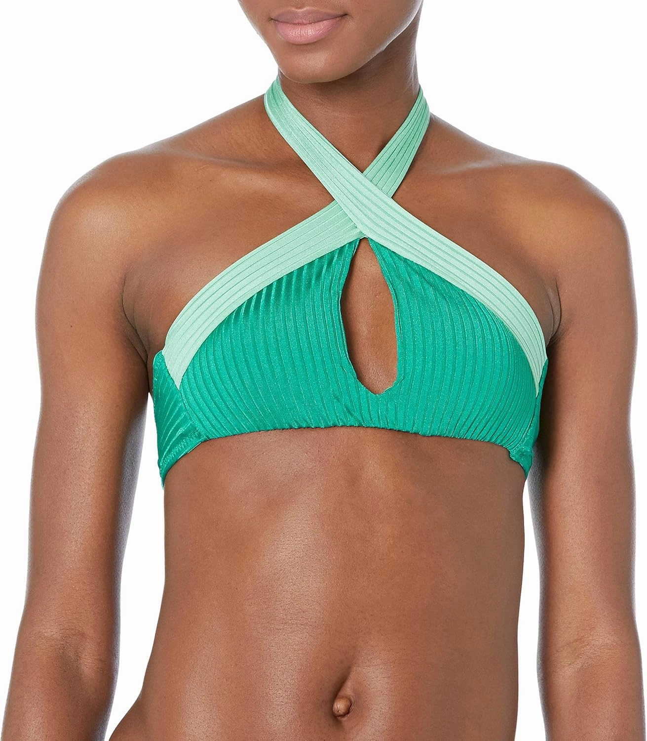 Trina Turk Women's Standard Olympia Crossover Ribbed Hi-Neck Bikini Top-Adjustable, Tie Back, Swimwear Separates