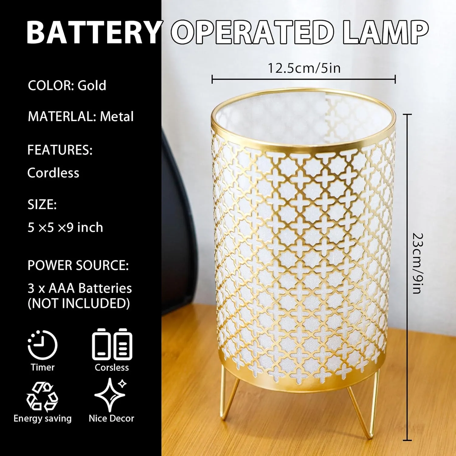 TRIROCKS Set of 2 Battery Operated Lamp 9'' High Cordless Table Lamp Battery Powered Lanterns with 6H Timer for Home Living Room Weddings Parties Patio Events Outdoors Indoors Shelf(Gold)