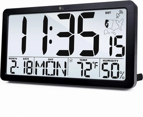 TXL Atomic Wall Clock with Backlight, Battery Operated Digital Wall Clock with Temperature, Humidity and Date, Large Display, Auto DST, 6 Time Zone(Black)
