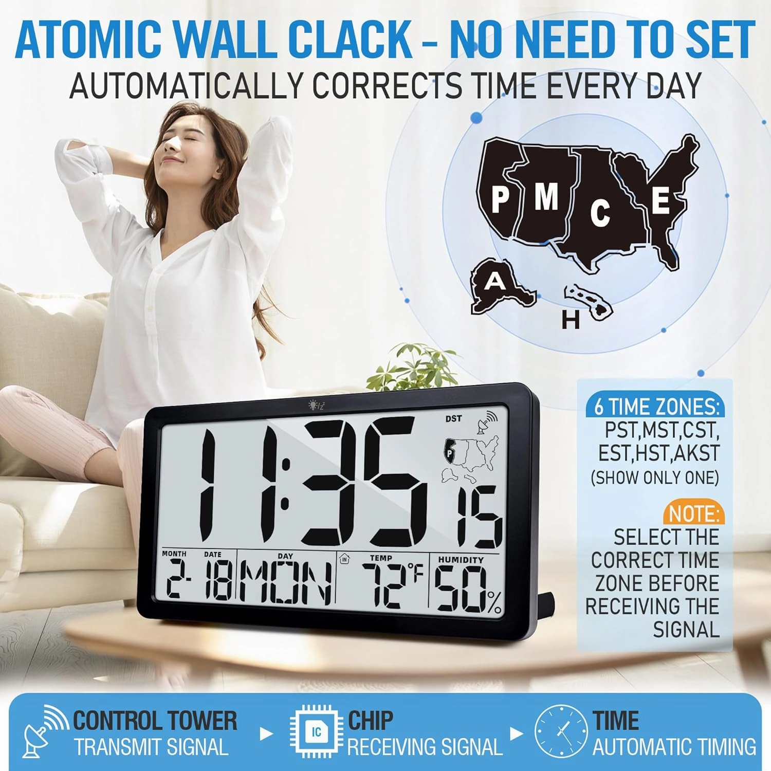 TXL Atomic Wall Clock with Backlight, Battery Operated Digital Wall Clock with Temperature, Humidity and Date, Large Display, Auto DST, 6 Time Zone(Black)