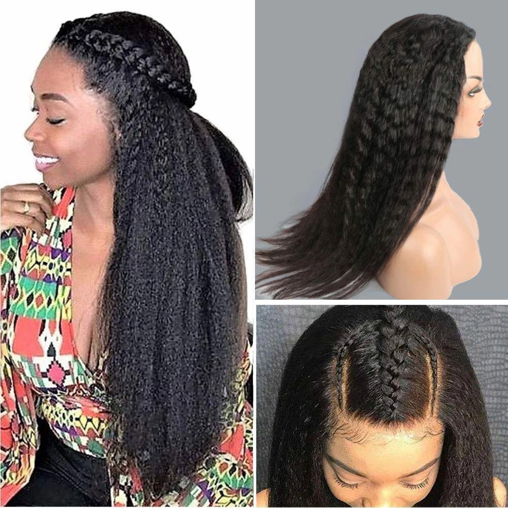 U Part Wig Human Hair Kinky Straight Wigs for Black Women, 18inch Italian Half Wig Upgraded U Shape Yaki Straight Clip in Wigs Remy Human Hair Extension