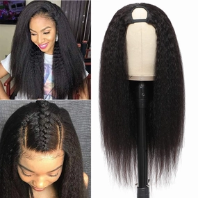 U Part Wig Human Hair Kinky Straight Wigs for Black Women, 18inch Italian Half Wig Upgraded U Shape Yaki Straight Clip in Wigs Remy Human Hair Extension