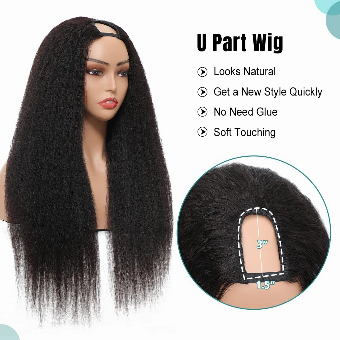 U Part Wig Human Hair Kinky Straight Wigs for Black Women, 18inch Italian Half Wig Upgraded U Shape Yaki Straight Clip in Wigs Remy Human Hair Extension