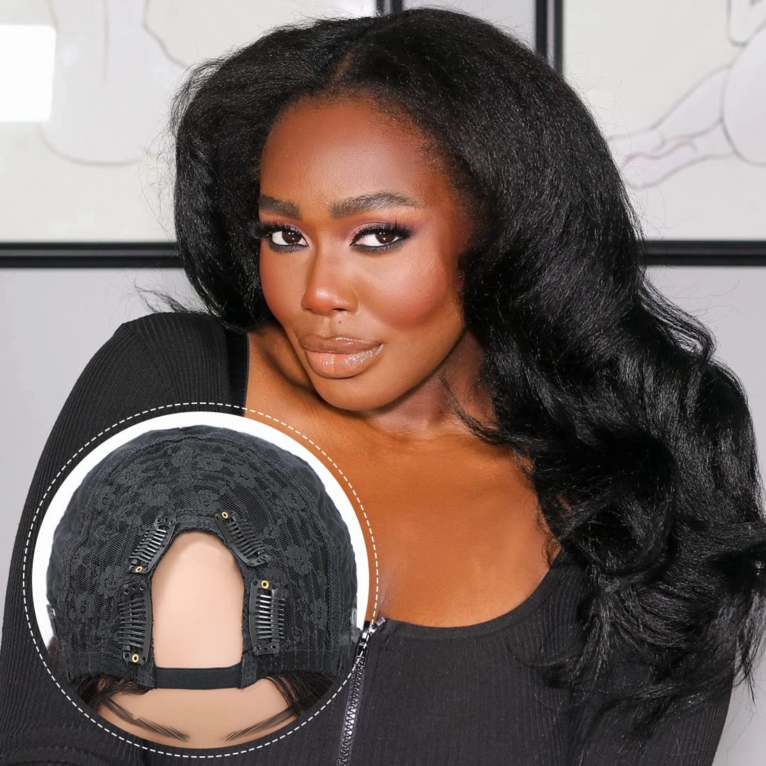 U Part Wig Human Hair Kinky Straight Wigs for Black Women, 18inch Italian Half Wig Upgraded U Shape Yaki Straight Clip in Wigs Remy Human Hair Extension