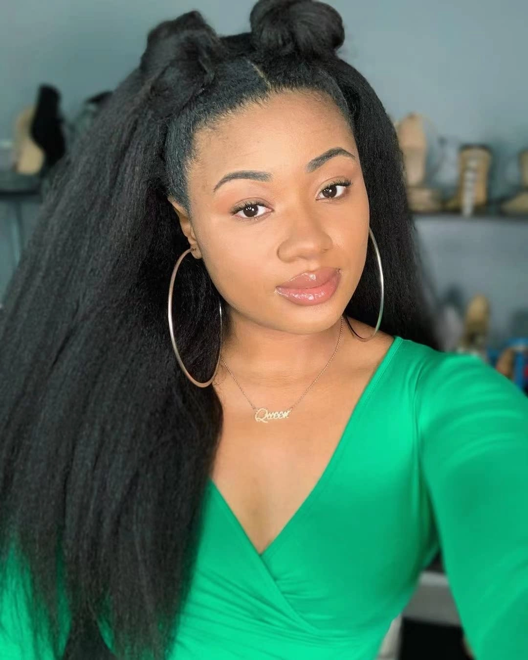 U Part Wig Human Hair Kinky Straight Wigs for Black Women, 18inch Italian Half Wig Upgraded U Shape Yaki Straight Clip in Wigs Remy Human Hair Extension