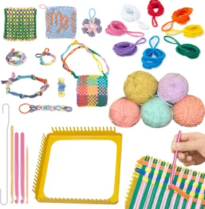 ULIONTAC 2 in 1 Weaving Looms Kit - Sewing Craft 7.5” Solid Metal Plate Potholder Loom with 5 Color 4 Strands Yarn and Colorful Loops Knitting Gift DIY Set