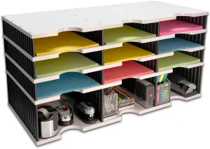 Ultimate Office Desktop Organizer 9 Letter Tray Sorter PLUS Riser Storage Base for Easy Access to Lower Slots, Desk Accessories & Supplies. Optional File Topper & Drawers