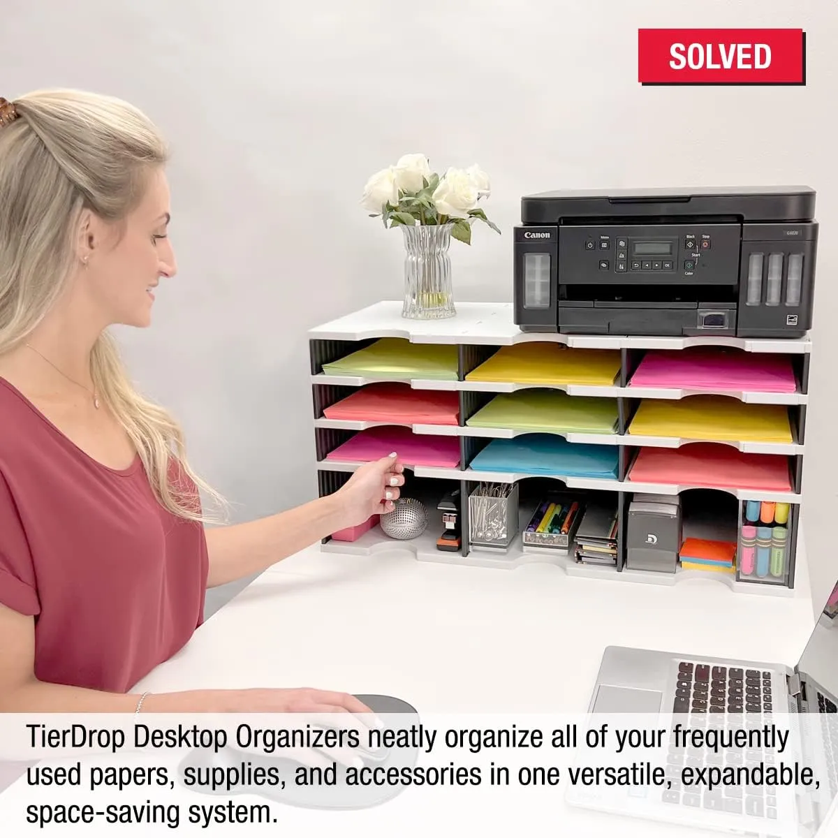 Ultimate Office Desktop Organizer 9 Letter Tray Sorter PLUS Riser Storage Base for Easy Access to Lower Slots, Desk Accessories & Supplies. Optional File Topper & Drawers