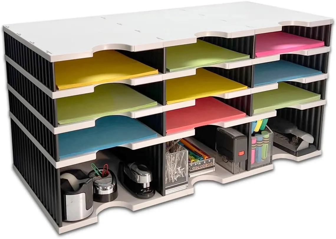 Ultimate Office Desktop Organizer 9 Letter Tray Sorter PLUS Riser Storage Base for Easy Access to Lower Slots, Desk Accessories & Supplies. Optional File Topper & Drawers