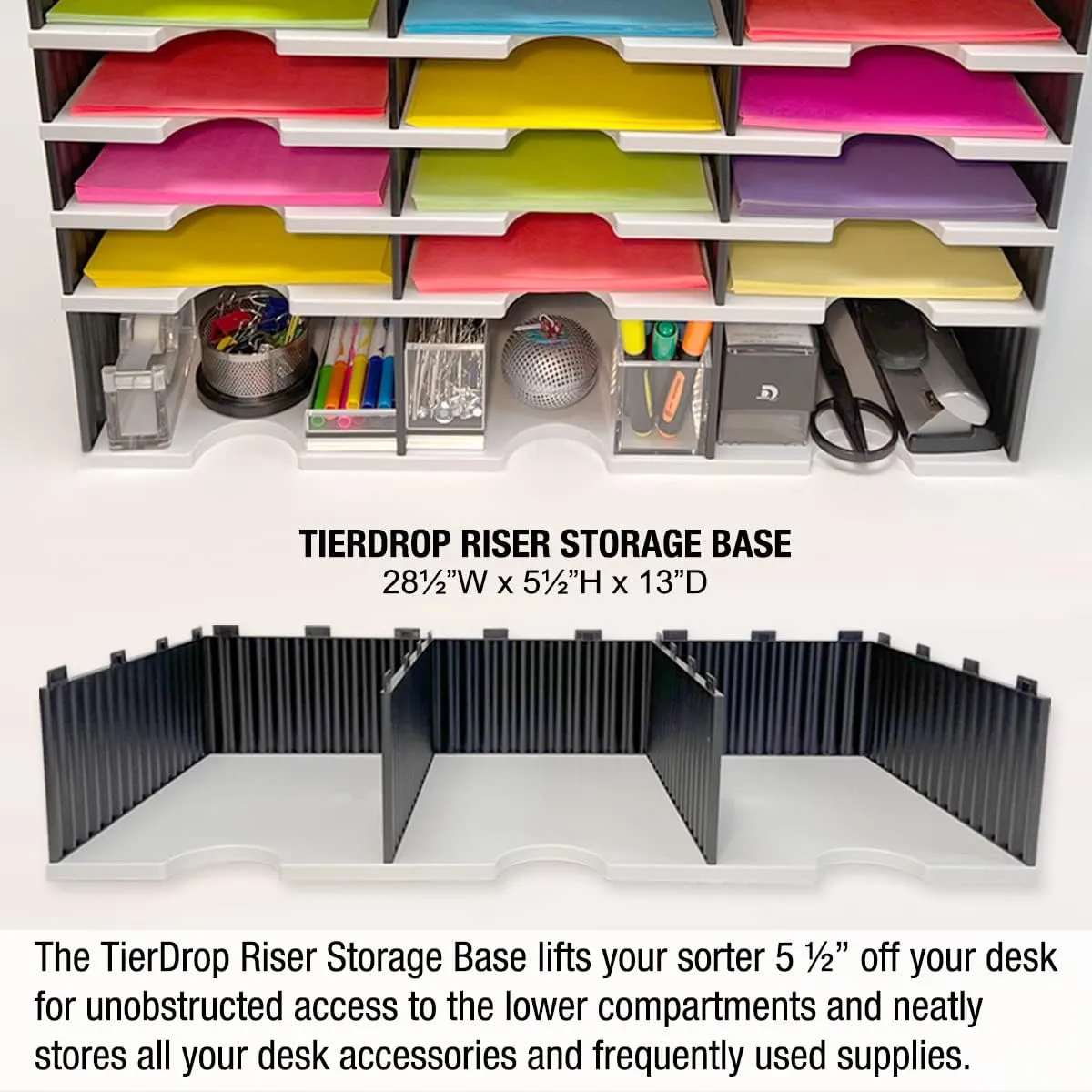 Ultimate Office Desktop Organizer 9 Letter Tray Sorter PLUS Riser Storage Base for Easy Access to Lower Slots, Desk Accessories & Supplies. Optional File Topper & Drawers