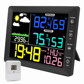 Urageuxy Weather Station Wireless Indoor Outdoor Thermometer, 8.3 Inch Color Display Digital Home Weather Station Wireless with Clock, Dew Point, Temperature, Humidity, Weather Forecast