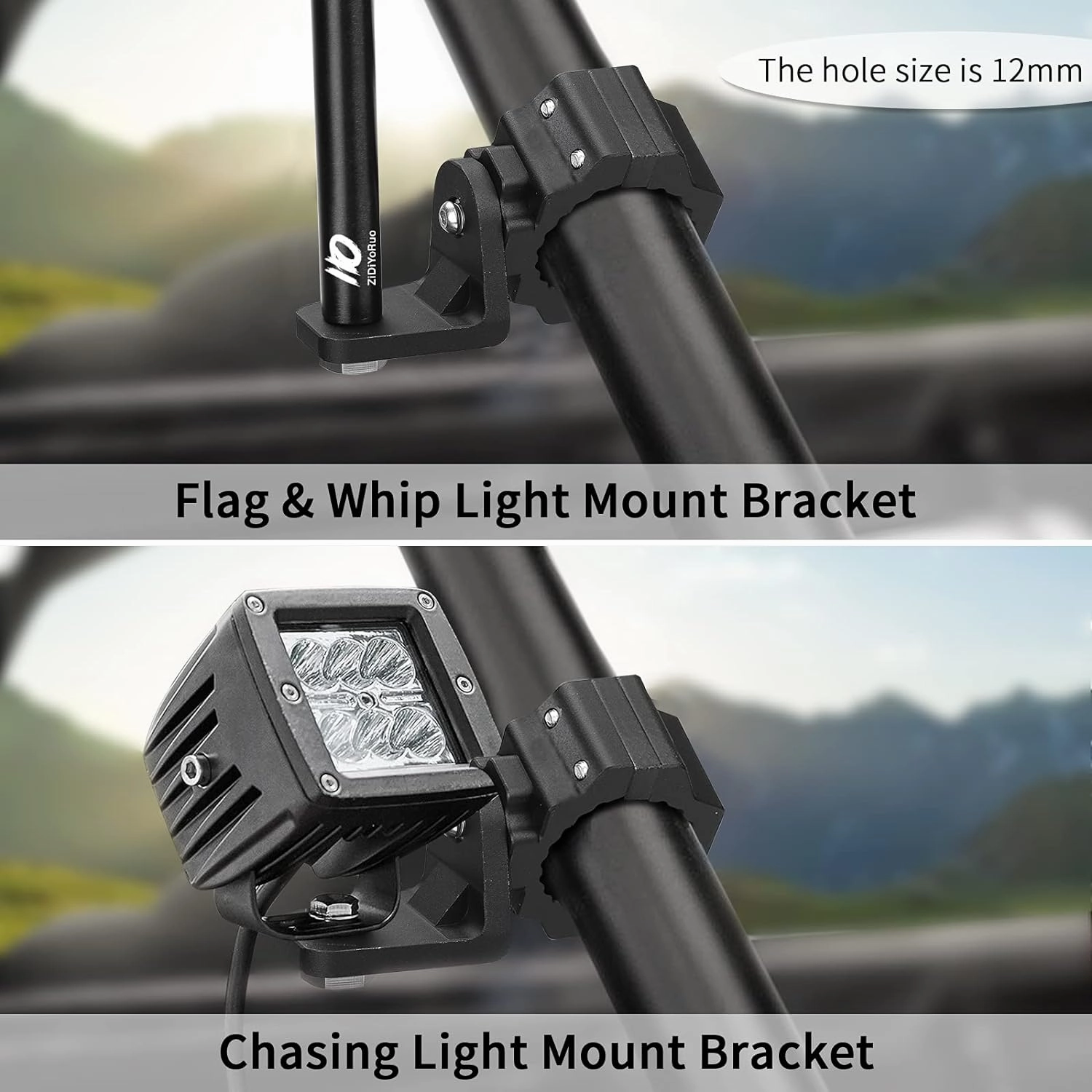 UTV Whip Light Mount & Light Bar Bracket - Heavy Duty 1.75"- 2" Roll Cage Clamp with 360° Rotation, Aluminum Flag/Off-Road Light Mount for Polaris RZR, Can Am, Jeep