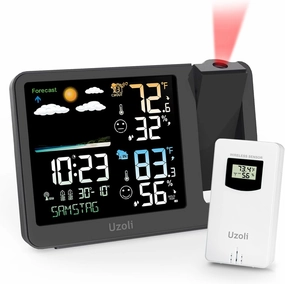 uzoli Projection Alarm Clock Weather Station, WWVB Atomic Projector Clock with Sensor, Adjustable Backlight, Indoor Outdoor Temperature Humidity, Digital Projection Clock for Bedroom Ceiling