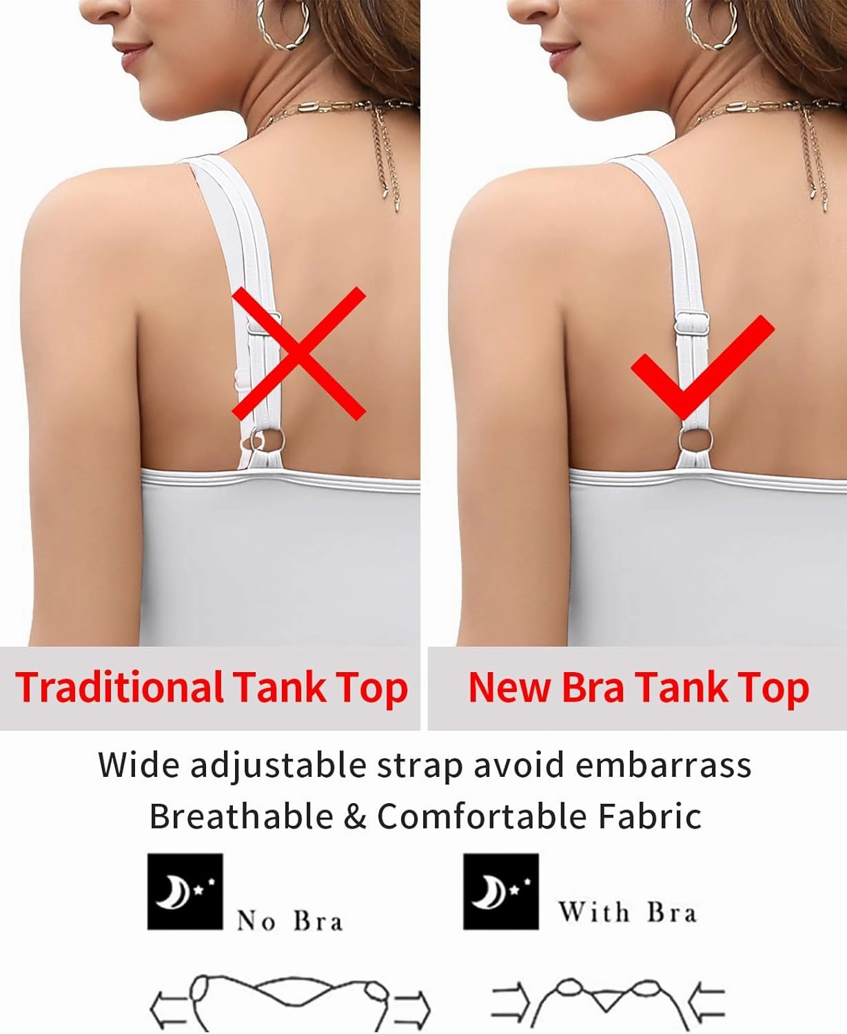 V FOR CITY Women's Tank Top with Built in Bras Adjustable Wide Strap Padded Camisole Summer Cami Shirts