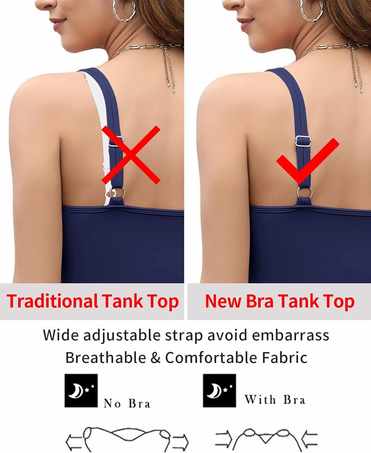 V FOR CITY Women's Tank Top with Built in Bras Adjustable Wide Strap Padded Camisole Summer Cami Shirts