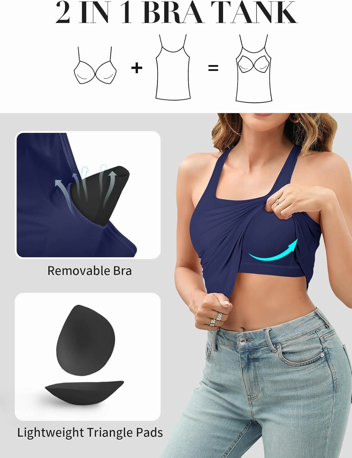 V FOR CITY Women's Tank Top with Built in Bras Adjustable Wide Strap Padded Camisole Summer Cami Shirts