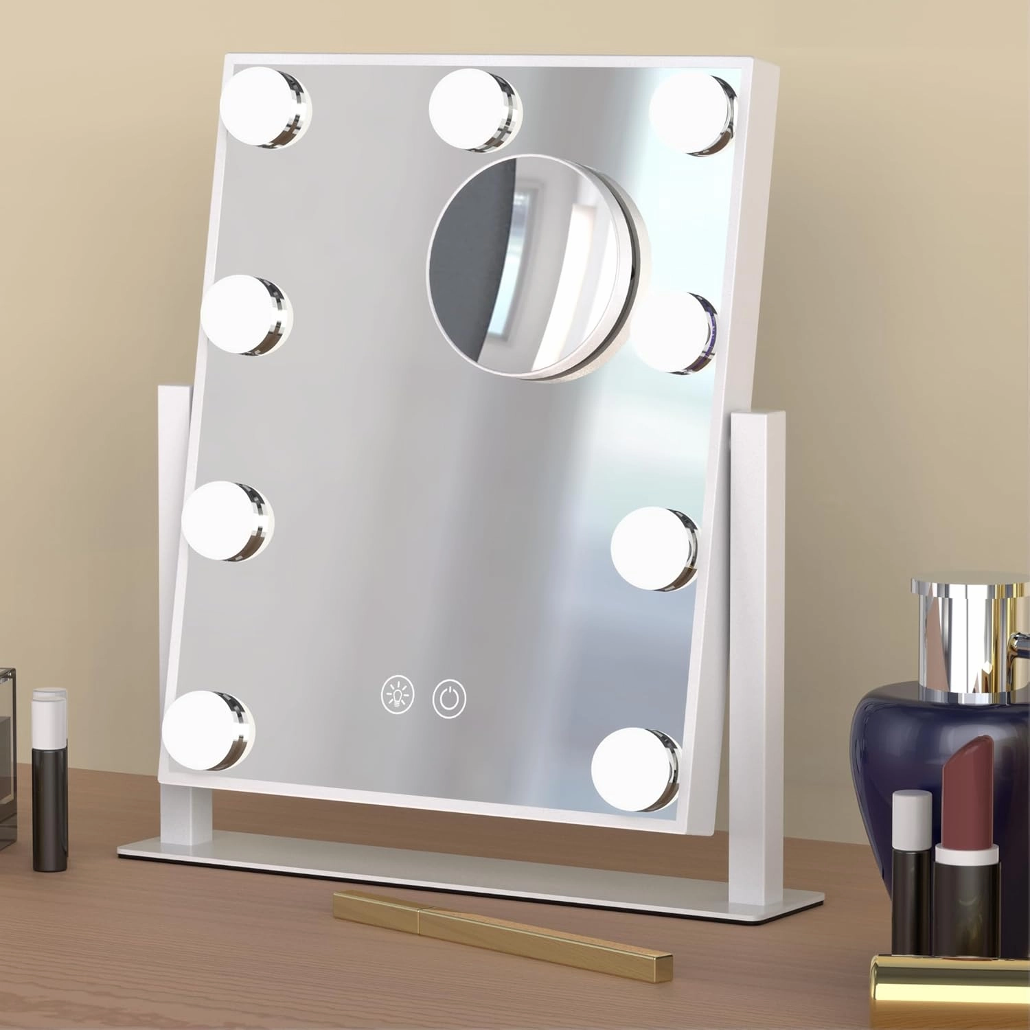 Vanity Mirror with Lights, Lighted Makeup Mirror with 9 Dimmable LED Light & 3 Color Lighting Modes, Detachable 5X Magnification Mirror and Smart Touch Control(12in, White)