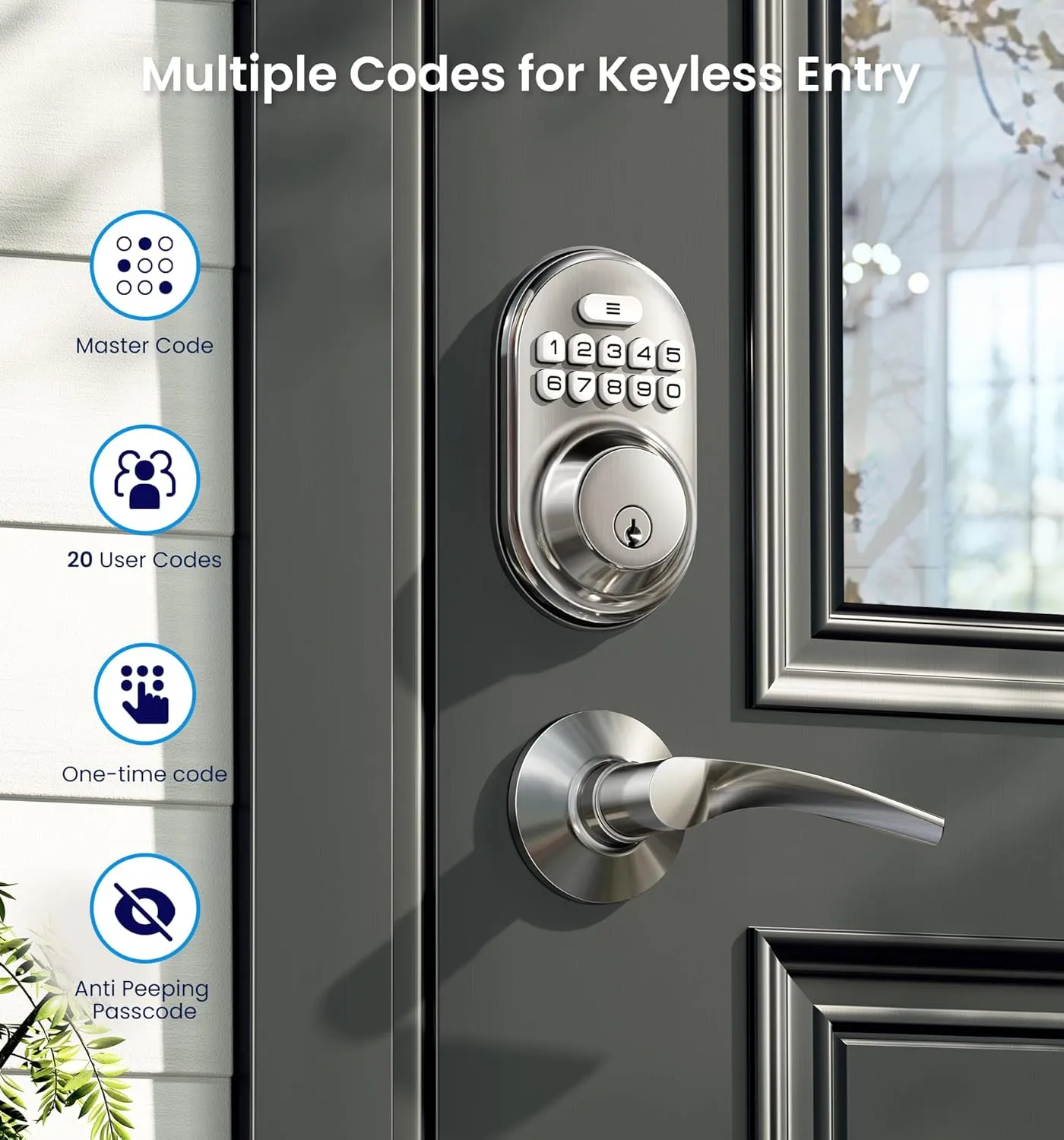 Veise Keyless Entry Door Lock with 2 Lever Handles - Electronic Keypad Deadbolt, Auto Lock, Back Lit & Easy Installation Design, Front Door Handle Sets, Satin Nickel