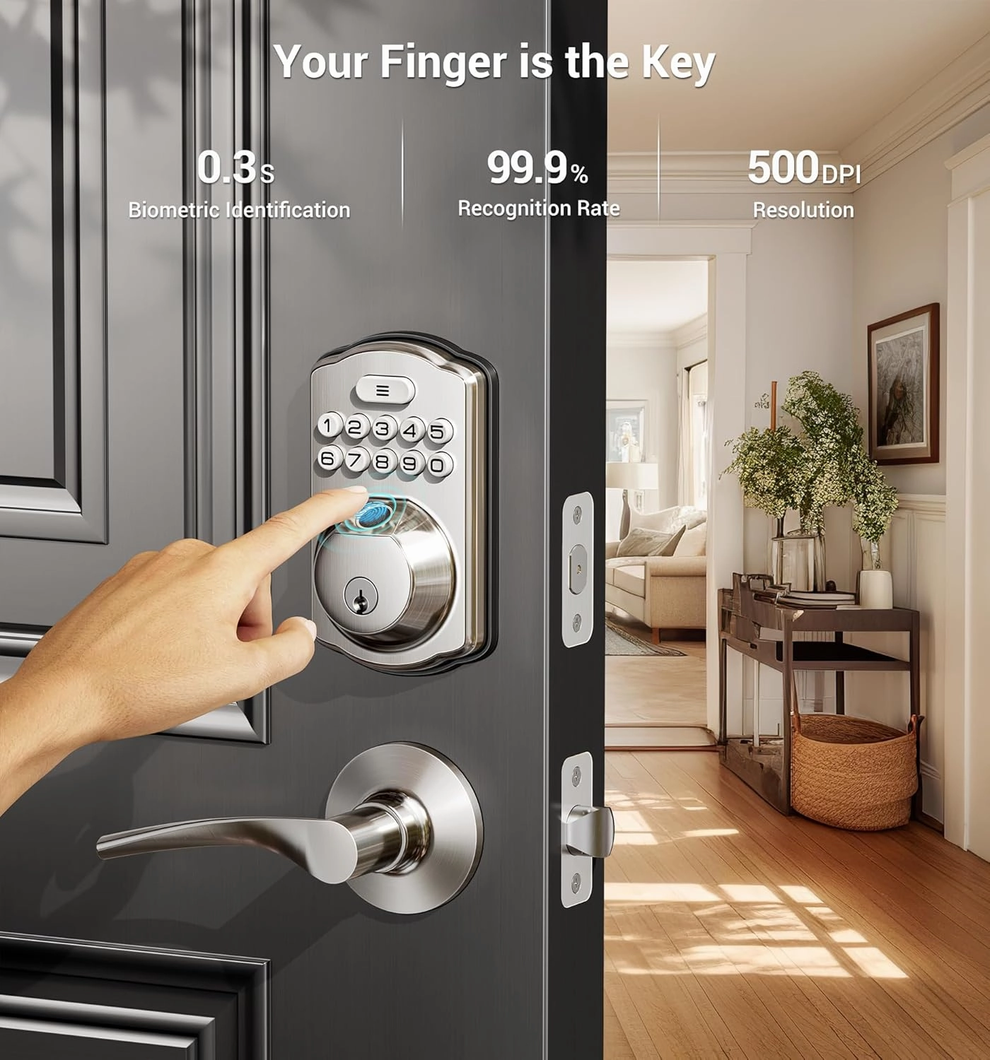 Veise Fingerprint Door Lock with 2 Lever Handles - Keyless Entry Door Lock, Electronic Keypad Deadbolt, Digital Smart Code & Front Handle Sets, Auto-Locking, Easy Installation, Satin Nickel