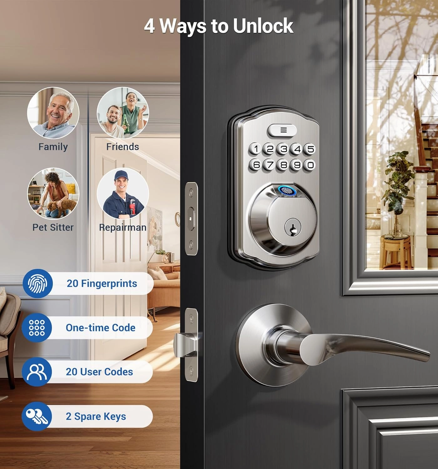 Veise Fingerprint Door Lock with 2 Lever Handles - Keyless Entry Door Lock, Electronic Keypad Deadbolt, Digital Smart Code & Front Handle Sets, Auto-Locking, Easy Installation, Satin Nickel