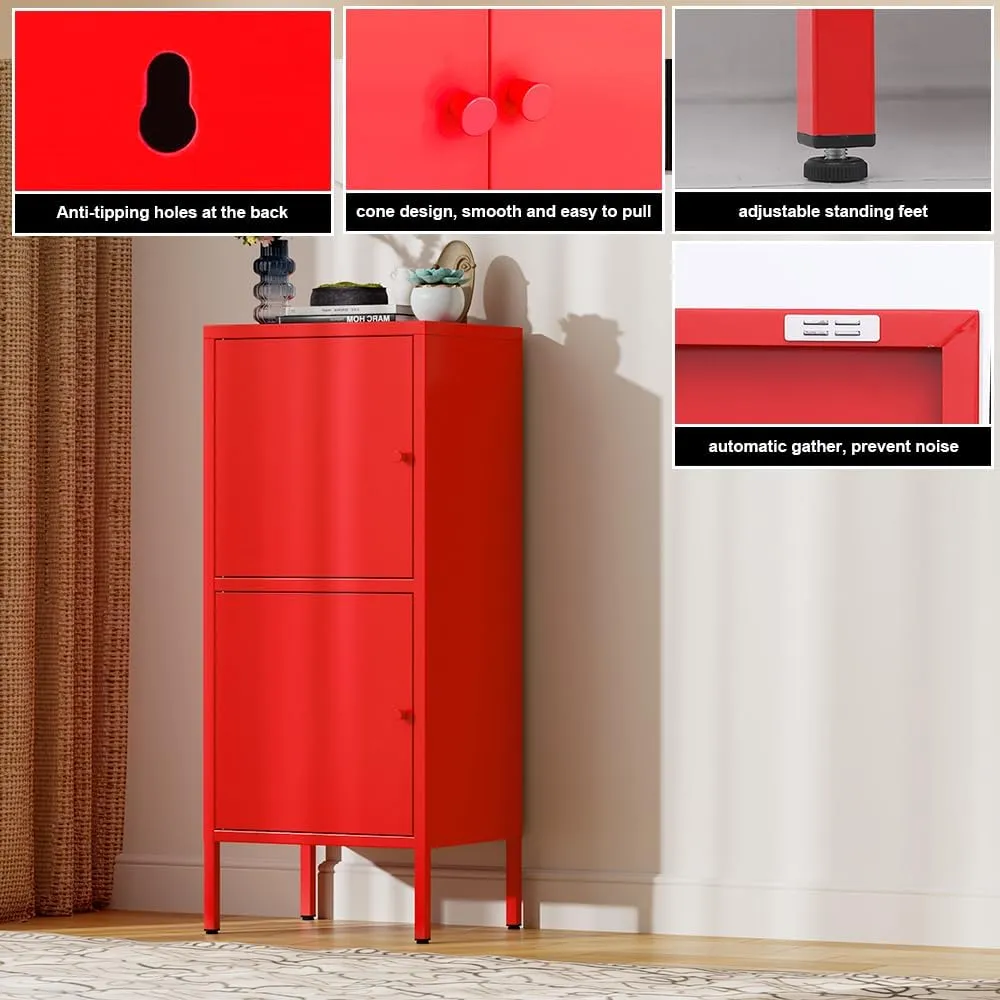 Vertical 2 Doors Metal Storage Cabinet for Bedroom,Living Room,Home,Hotel,Office,Kitchen,School,Metal Bedside Cabinet,Steel End Table(Vertical 2 Doors, red)