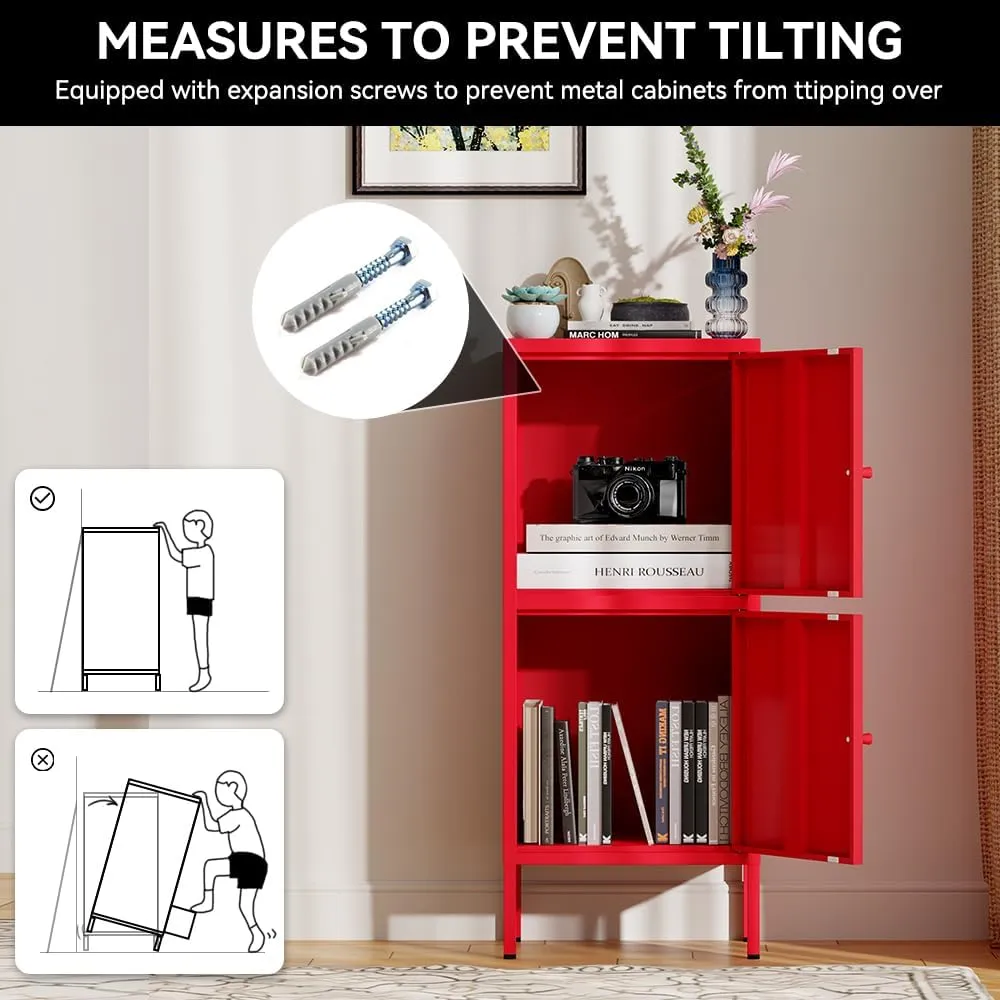 Vertical 2 Doors Metal Storage Cabinet for Bedroom,Living Room,Home,Hotel,Office,Kitchen,School,Metal Bedside Cabinet,Steel End Table(Vertical 2 Doors, red)