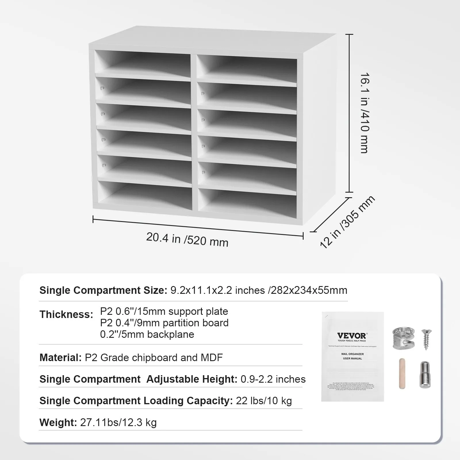 VEVOR Literature Organizers, 12 Compartments Office Mailbox with Adjustable Shelves, Wood Literature Sorter 20.4x12x16.1 inches for Office, Home, Classroom, Mailrooms Organization, EPA Certified White