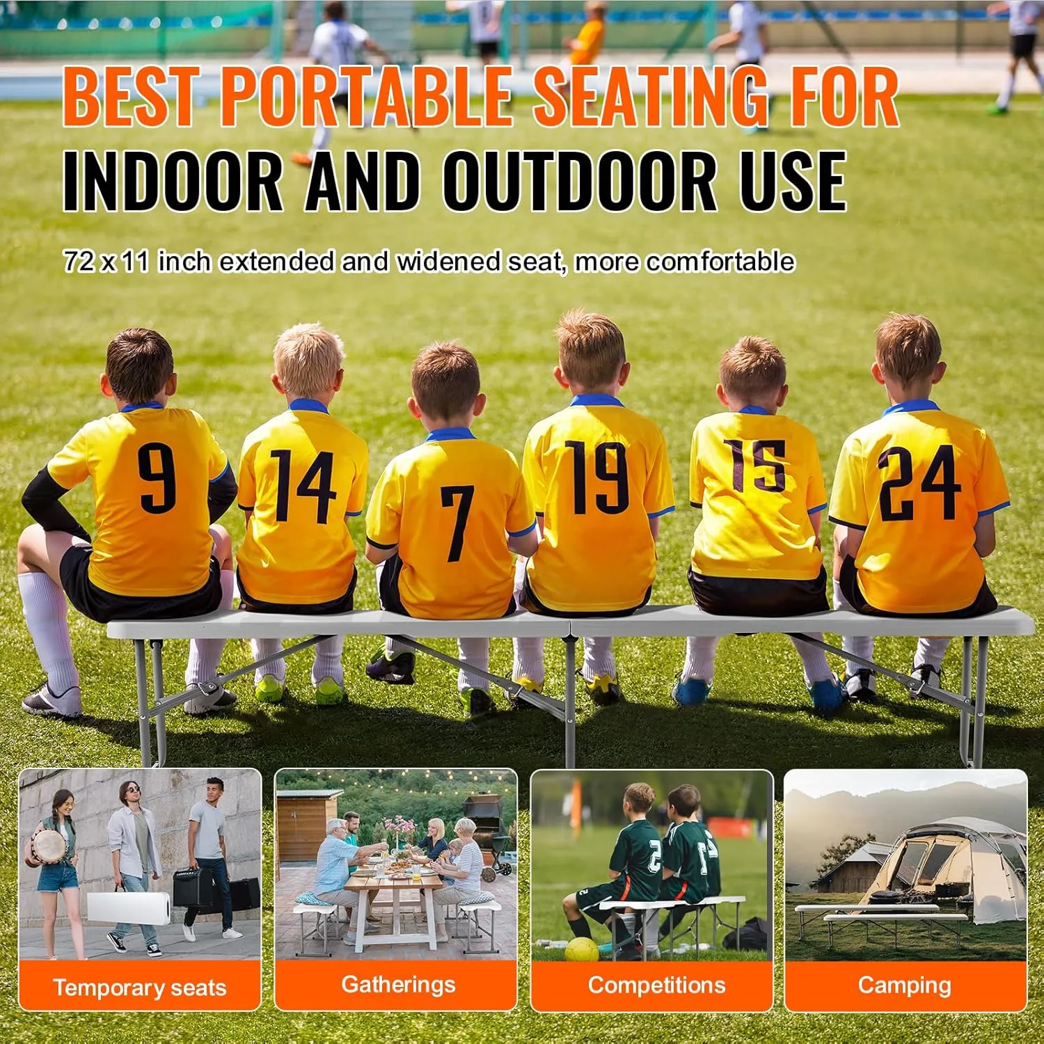 VEVOR Plastic Folding Bench, 6 FT Portable Folding Bench, Smooth HDPE Waterproof Outdoor Bench, Picnic Camping Dining Seat with Carrying Handle, for Garden Soccer Entertaining Activity, White (2 Pack)