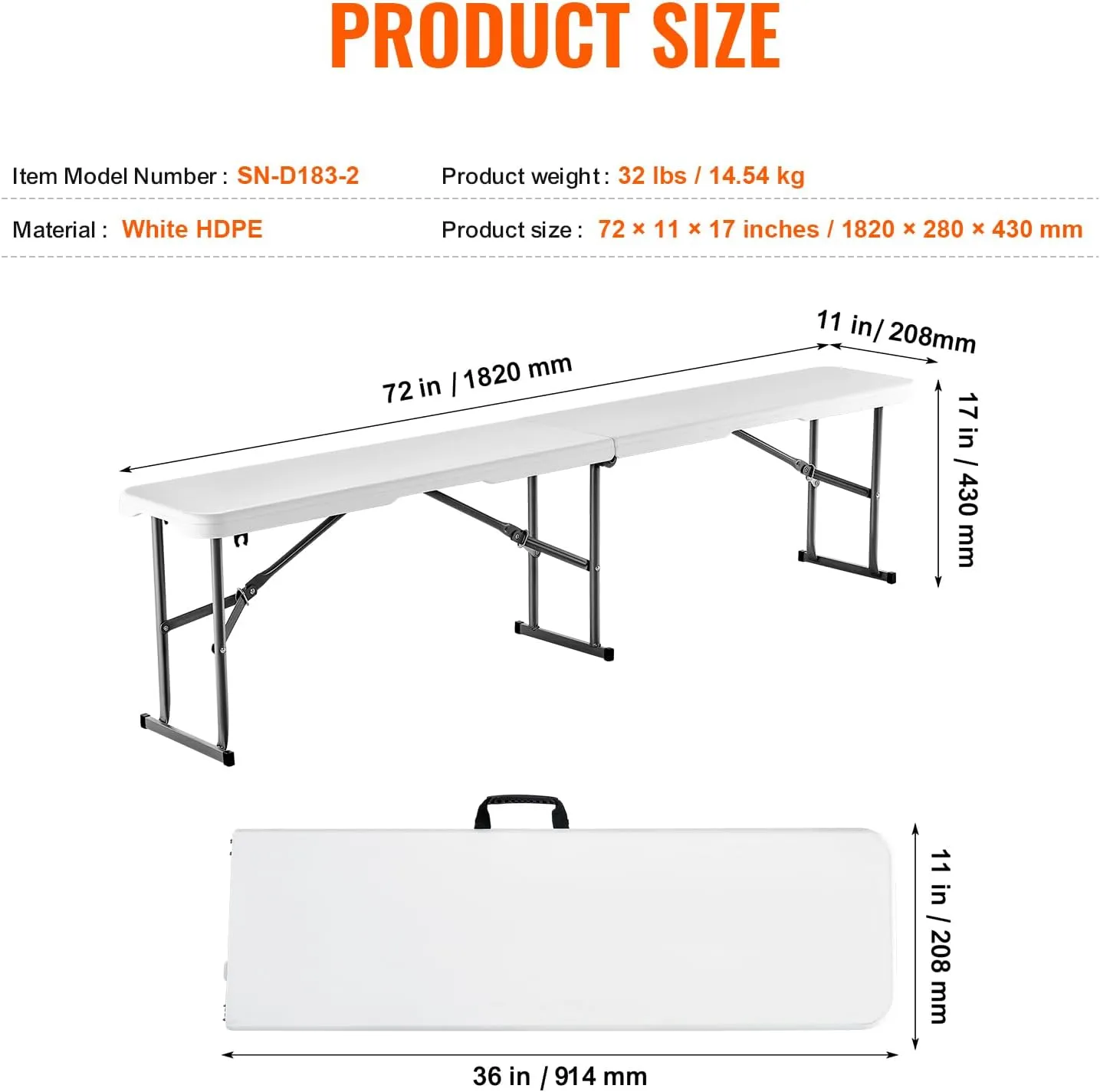 VEVOR Plastic Folding Bench, 6 FT Portable Folding Bench, Smooth HDPE Waterproof Outdoor Bench, Picnic Camping Dining Seat with Carrying Handle, for Garden Soccer Entertaining Activity, White (2 Pack)