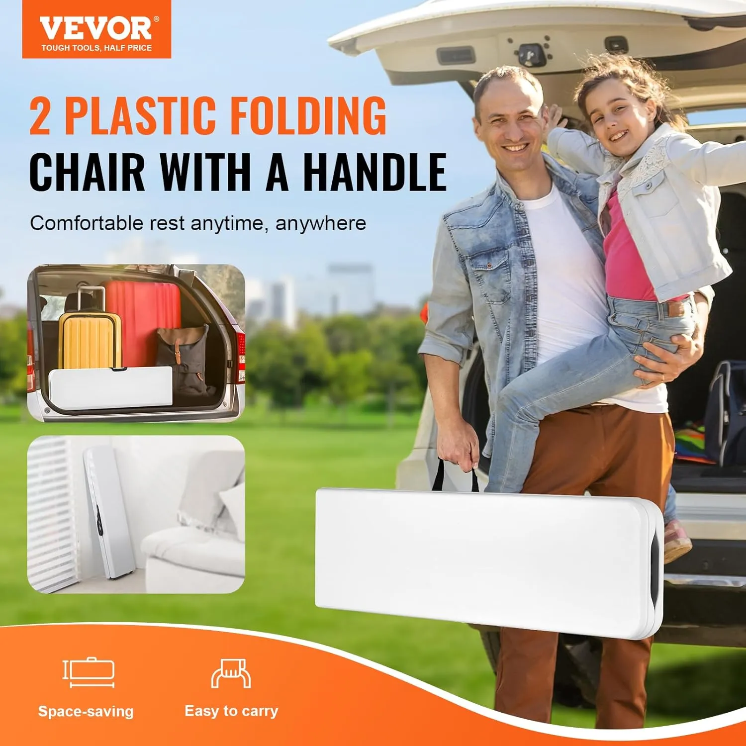 VEVOR Plastic Folding Bench, 6 FT Portable Folding Bench, Smooth HDPE Waterproof Outdoor Bench, Picnic Camping Dining Seat with Carrying Handle, for Garden Soccer Entertaining Activity, White (2 Pack)