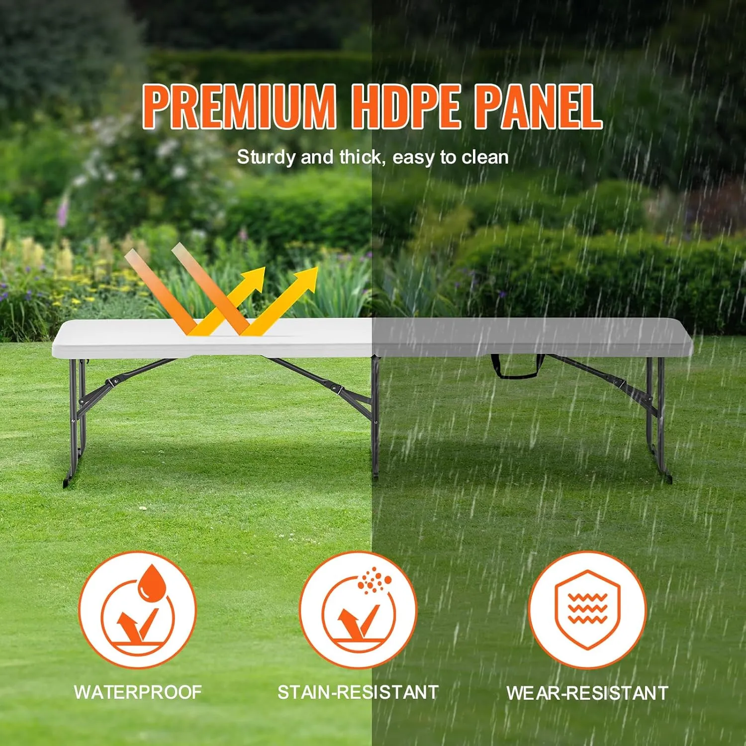 VEVOR Plastic Folding Bench, 6 FT Portable Folding Bench, Smooth HDPE Waterproof Outdoor Bench, Picnic Camping Dining Seat with Carrying Handle, for Garden Soccer Entertaining Activity, White (2 Pack)
