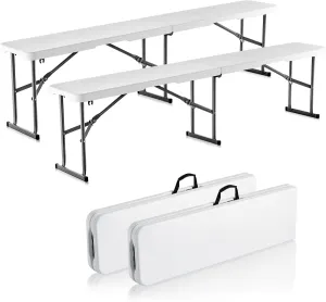 VEVOR Plastic Folding Bench, 6 FT Portable Folding Bench, Smooth HDPE Waterproof Outdoor Bench, Picnic Camping Dining Seat with Carrying Handle, for Garden Soccer Entertaining Activity, White (2 Pack)