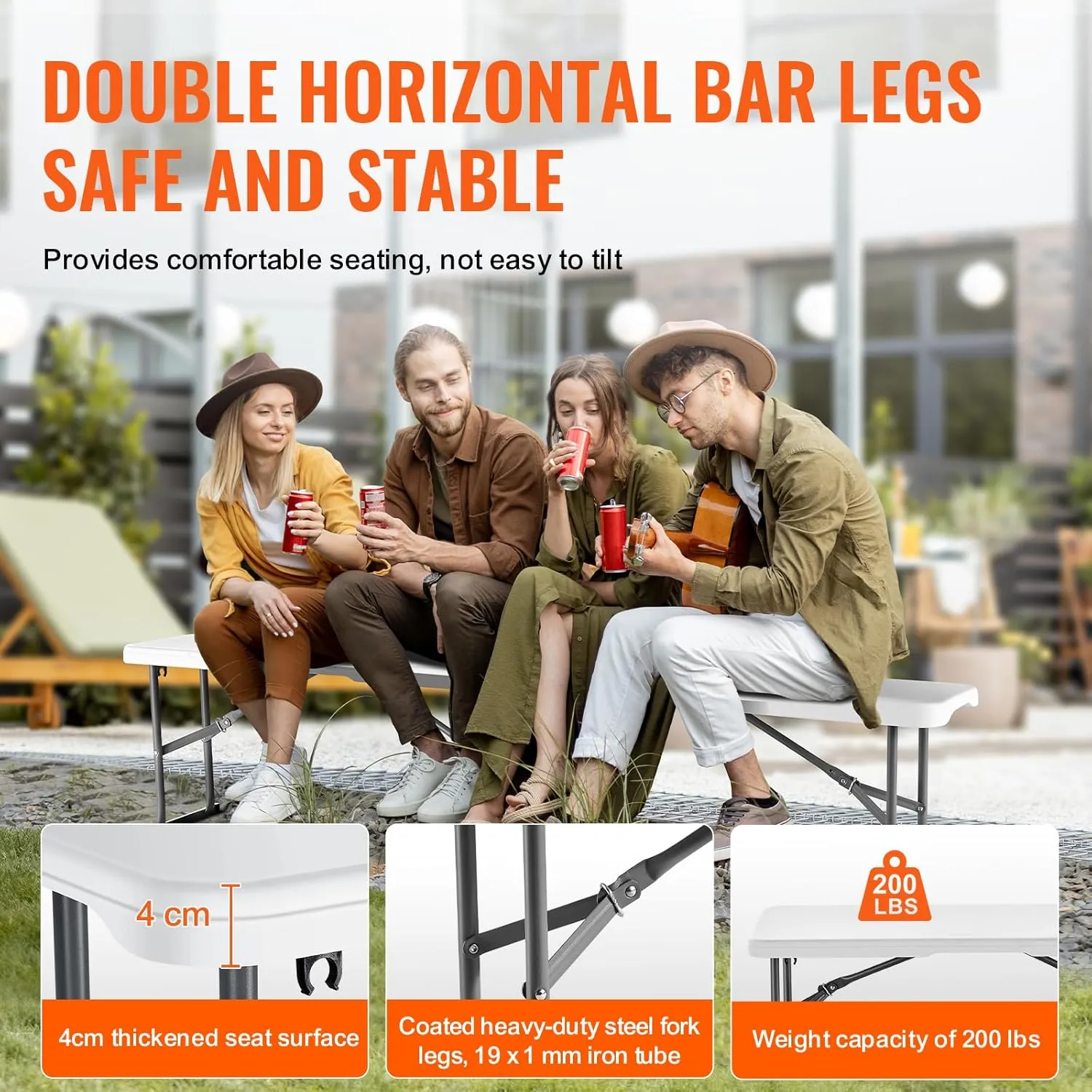 VEVOR Plastic Folding Bench, 6 FT Portable Folding Bench, Smooth HDPE Waterproof Outdoor Bench, Picnic Camping Dining Seat with Carrying Handle, for Garden Soccer Entertaining Activity, White (2 Pack)