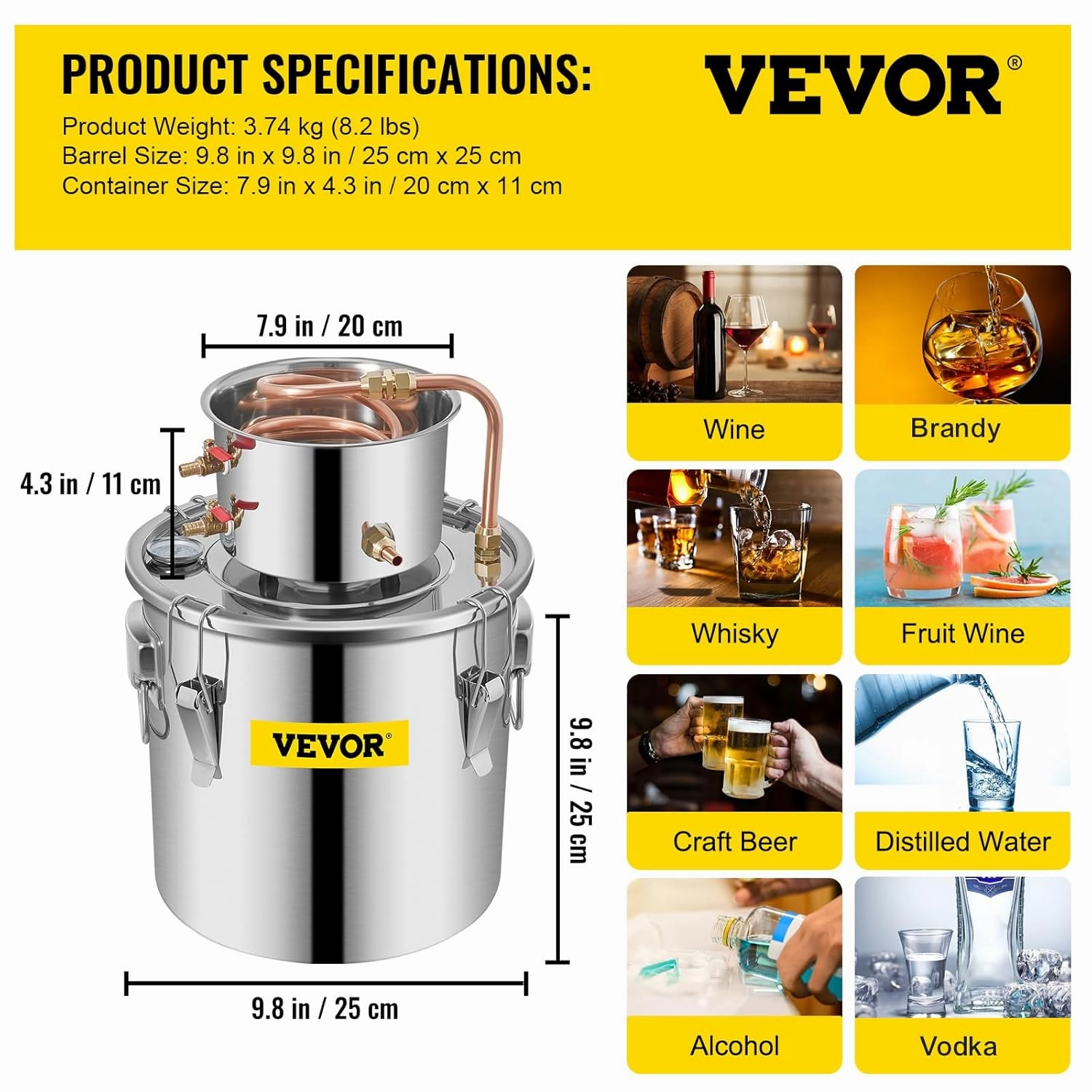 VEVOR Alcohol Still 3Gal/12L Alcohol Distiller Stainless Steel Distillery Kit for Alcohol With Copper Tube Home Brewing Kit Build-in Thermometer for DIY Whisky Wine Brandy