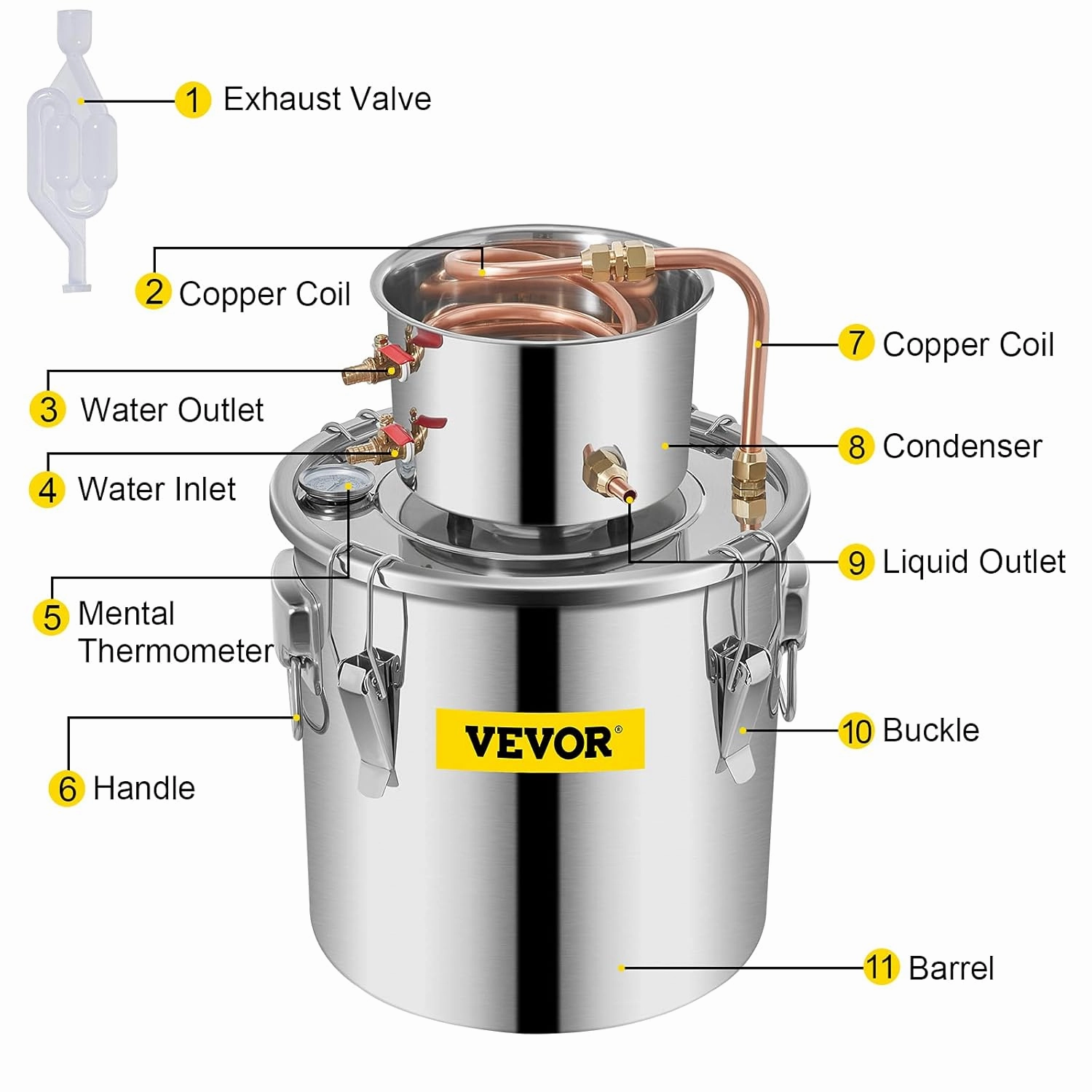 VEVOR Alcohol Still 3Gal/12L Alcohol Distiller Stainless Steel Distillery Kit for Alcohol With Copper Tube Home Brewing Kit Build-in Thermometer for DIY Whisky Wine Brandy