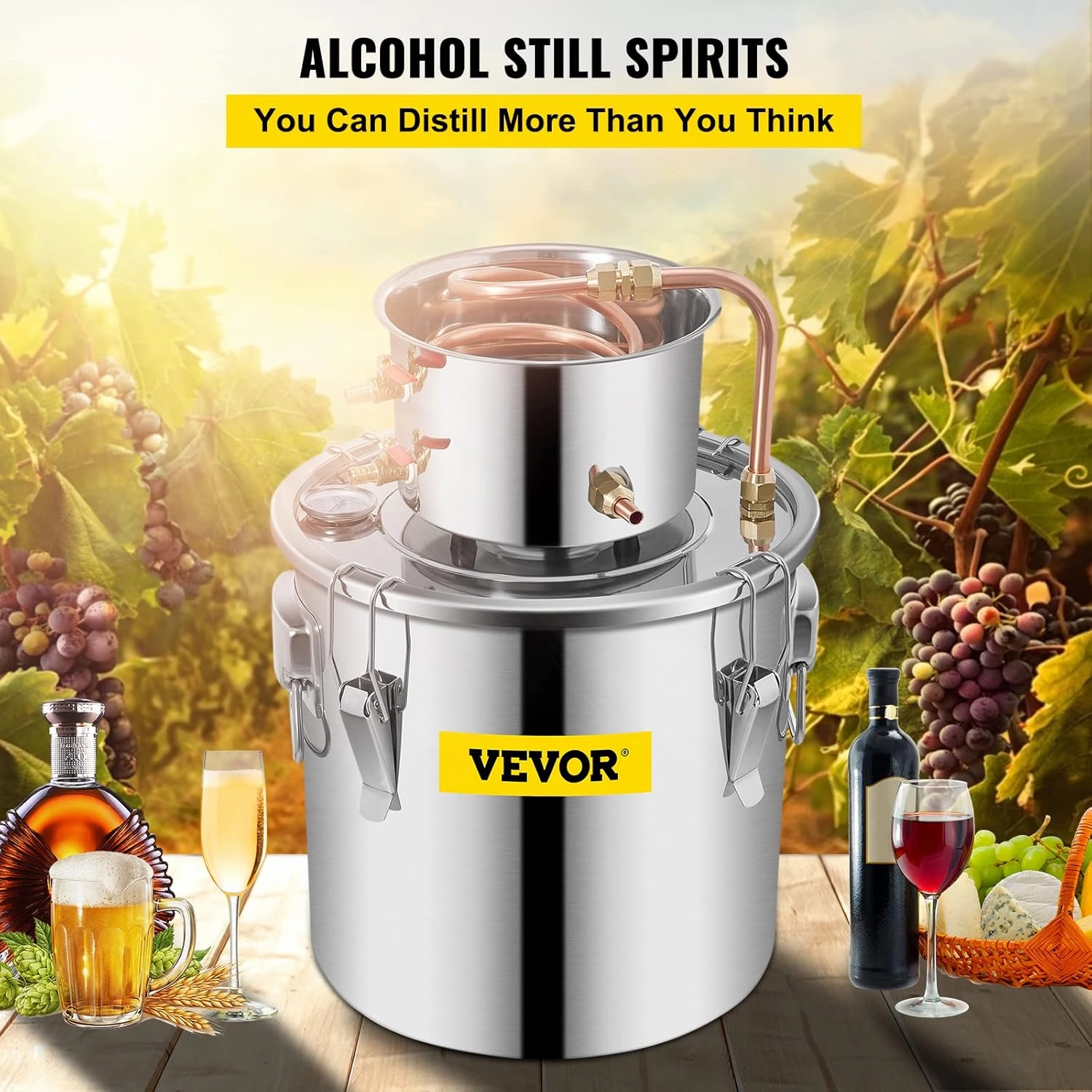 VEVOR Alcohol Still 3Gal/12L Alcohol Distiller Stainless Steel Distillery Kit for Alcohol With Copper Tube Home Brewing Kit Build-in Thermometer for DIY Whisky Wine Brandy