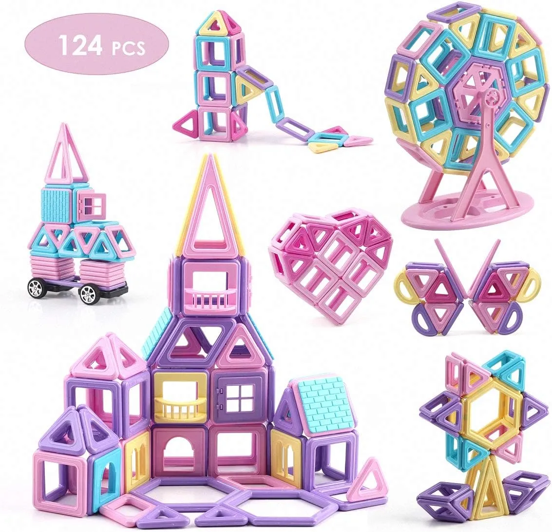 VIXA Magnetic Blocks Educational Castle Building Toys Creativity Kids DIY Magnetic Tiles with Wheels Storage Box Ideal for Birthday Halloween Christmas Party Gift for Girls & Boys-124 pcs