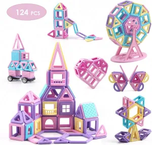 VIXA Magnetic Blocks Educational Castle Building Toys Creativity Kids DIY Magnetic Tiles with Wheels Storage Box Ideal for Birthday Halloween Christmas Party Gift for Girls & Boys-124 pcs