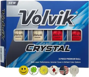 Volvik Crystal 3-Piece Premium Color Golf Balls 1 Dozen (Mixed Color 12 Balls) Bundle with 5 Ball Marker and 1 Magnet Hat Clip