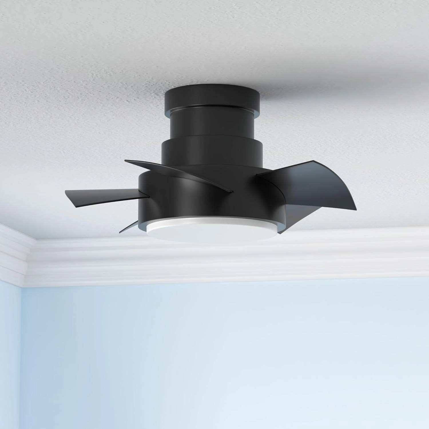 Vox Indoor and Outdoor 5-Blade 26in Smart Flush Mount Ceiling Fan in Matte Black with 3000K LED Light Kit and Remote Control Works with Alexa and iOS or Android App