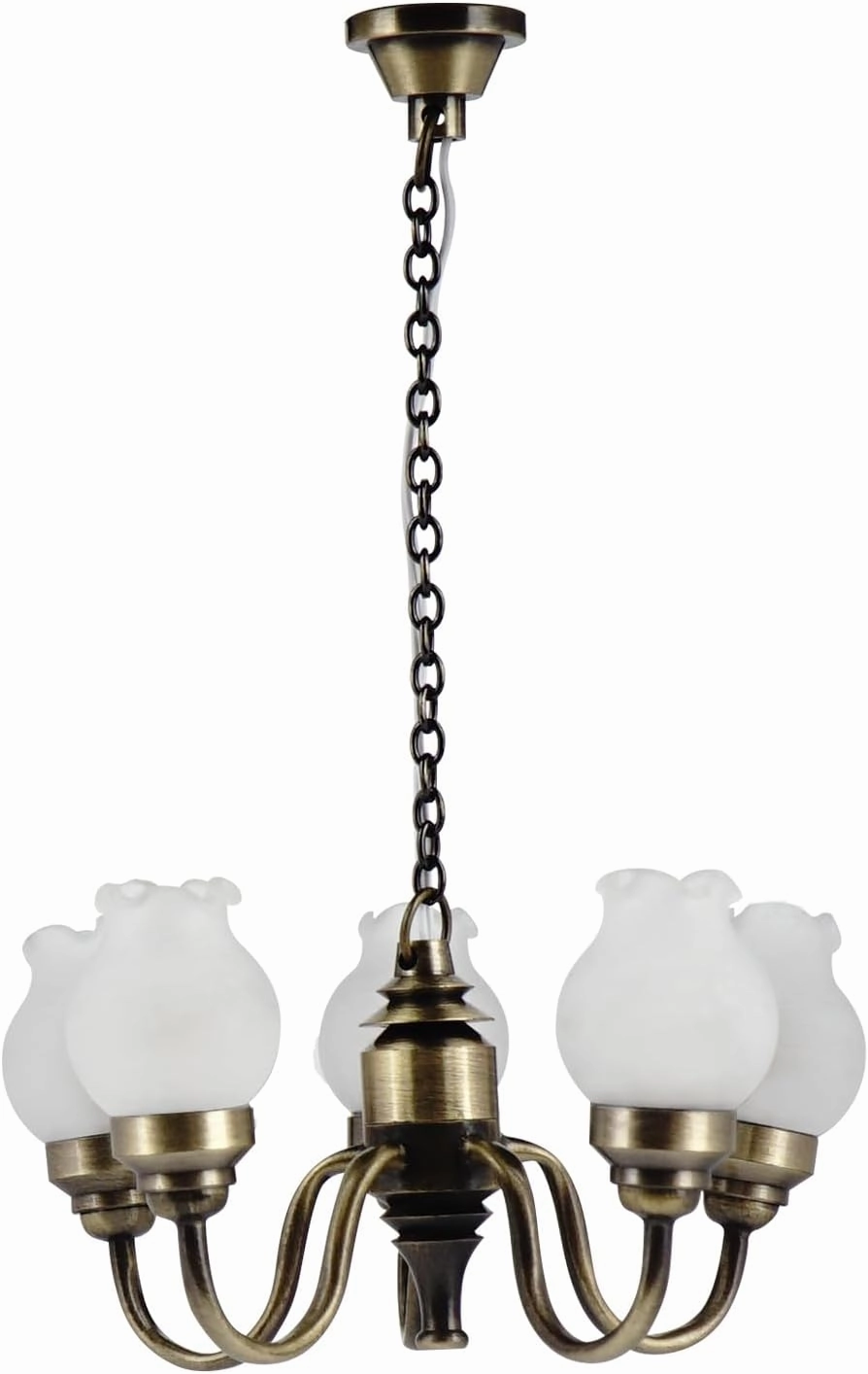 Waldosia 1:12-1" Scale Dollhouse Miniature 5-Arm Tulip Shade 12v Chandelier (Brass)
