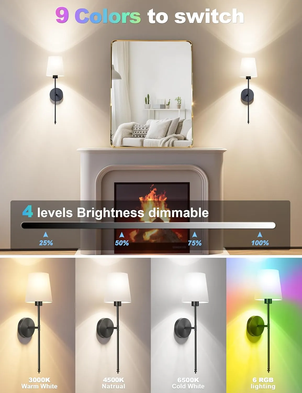Wall Lights Battery Operated Wall Sconces Set of 2,Black Wireless Wall Sconces with Remote,9 Colors Modes Rechargeable Wall lamp for Bedroom Living Room