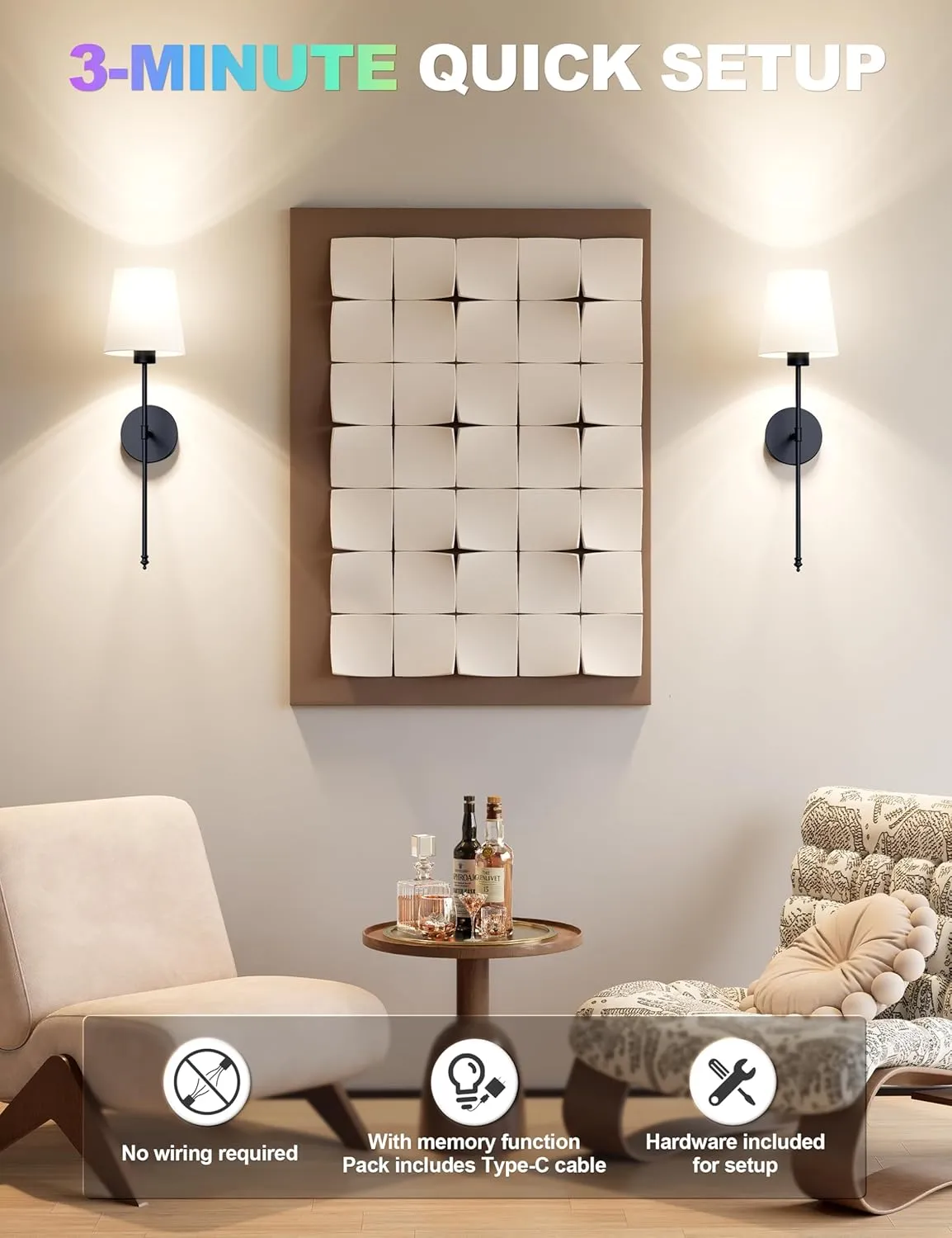 Wall Lights Battery Operated Wall Sconces Set of 2,Black Wireless Wall Sconces with Remote,9 Colors Modes Rechargeable Wall lamp for Bedroom Living Room