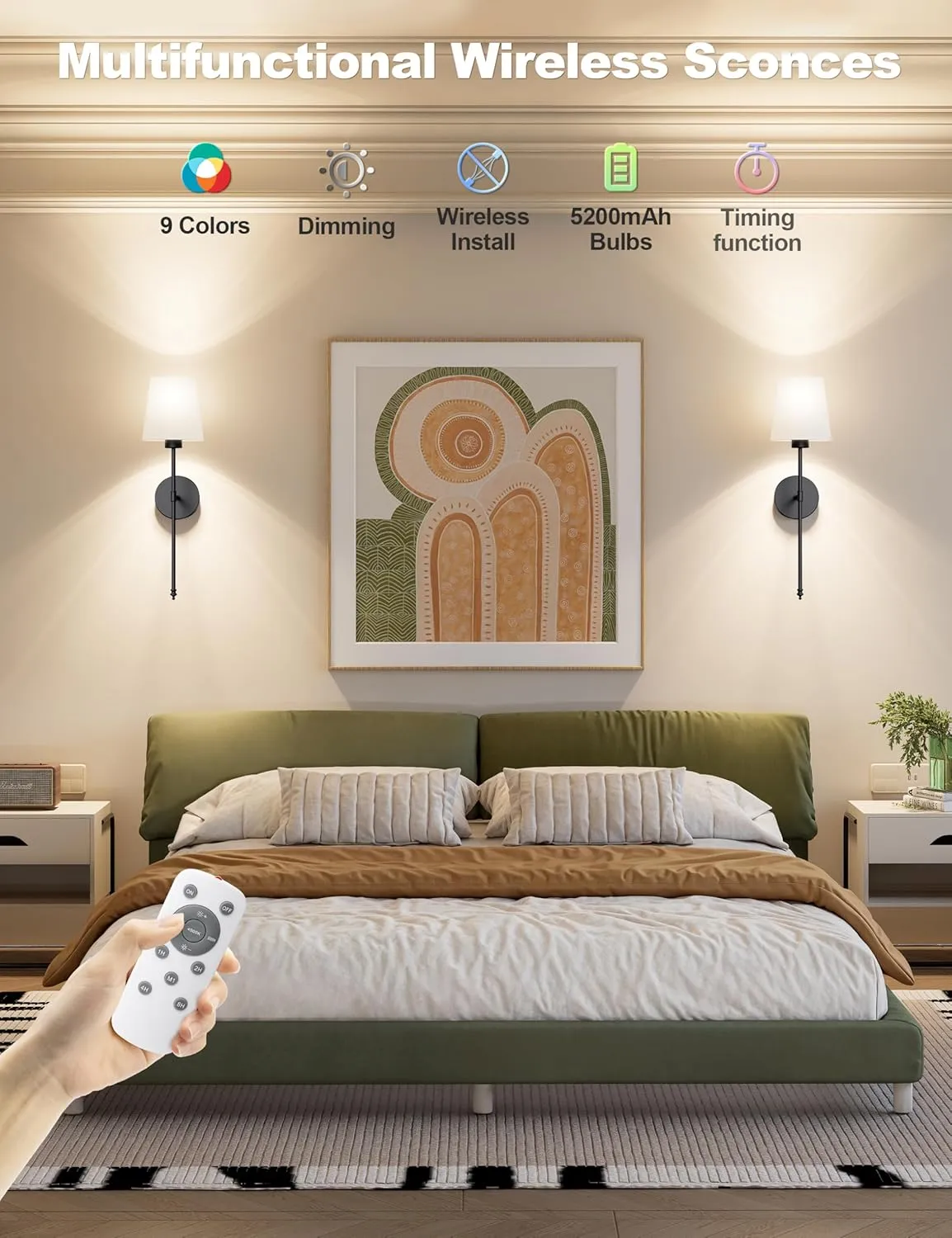 Wall Lights Battery Operated Wall Sconces Set of 2,Black Wireless Wall Sconces with Remote,9 Colors Modes Rechargeable Wall lamp for Bedroom Living Room