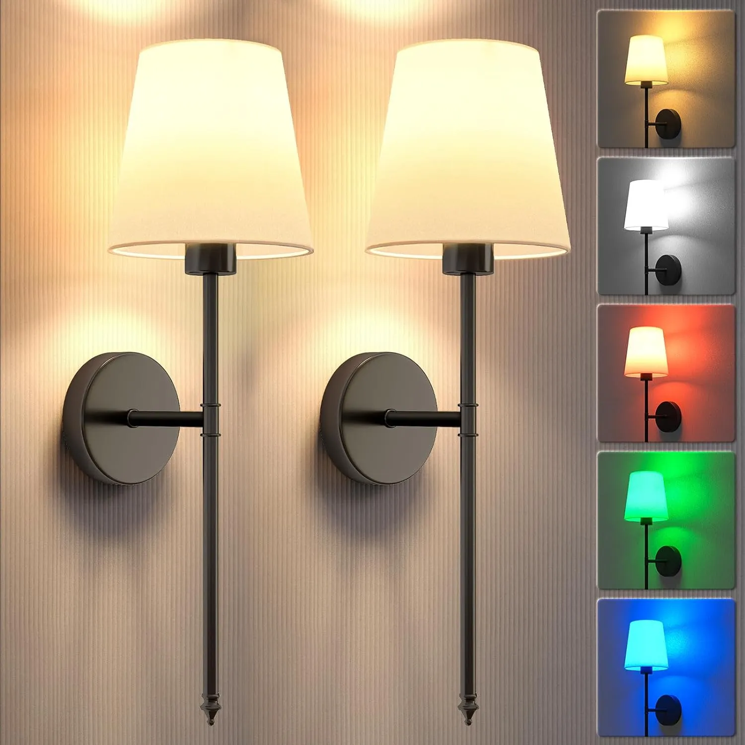 Wall Lights Battery Operated Wall Sconces Set of 2,Black Wireless Wall Sconces with Remote,9 Colors Modes Rechargeable Wall lamp for Bedroom Living Room