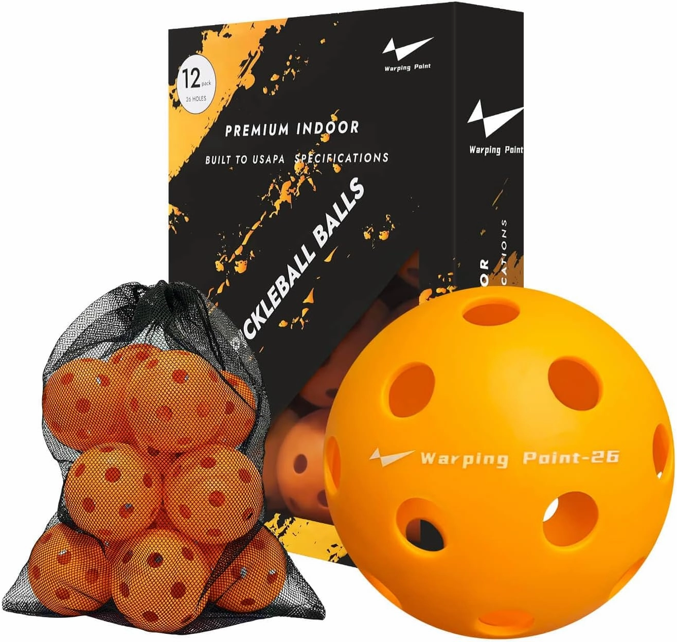 Warping Point Indoor Pickleball Balls | 26 Holes | 4 Pack, 12 Pack | Meet USAPA Specifications | High Bounce Durable Practice Pickle Ball with Mesh Bag for Beginner Intermediate Player | Orange, Blue