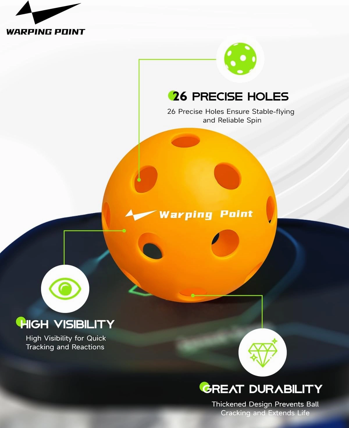 Warping Point Indoor Pickleball Balls | 26 Holes | 4 Pack, 12 Pack | Meet USAPA Specifications | High Bounce Durable Practice Pickle Ball with Mesh Bag for Beginner Intermediate Player | Orange, Blue