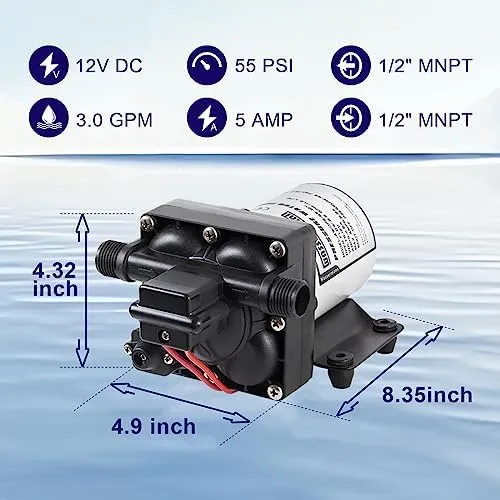 WASSERMANN RV Water Pump 12 Volt DC 3.0GPM 55PSI,Replacement For 4008-101-A65,Water Pump Self Priming Diaphragm Pump with Pressure Switch for RV Kitchen Bathroom Marine Yacht Garden