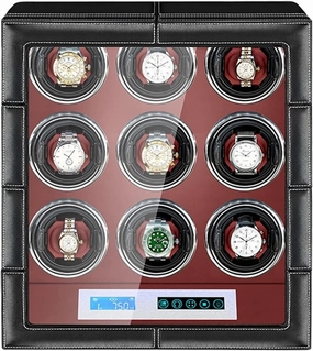 Watch Winder for 9 Watches Luxury Leather Watch Storage Case with LCD Digital Display LED Illumination Rotation Mode Setting Motor Adjustable Watch Pillows (9 0)